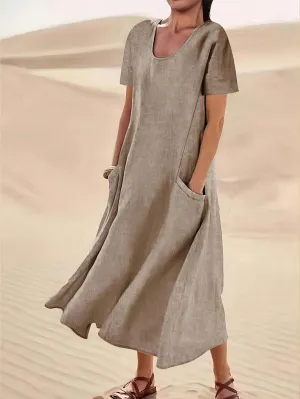 2024 European And American Style Cotton & Linen Imitation Solid Color Casual Comfortable Loose Dress