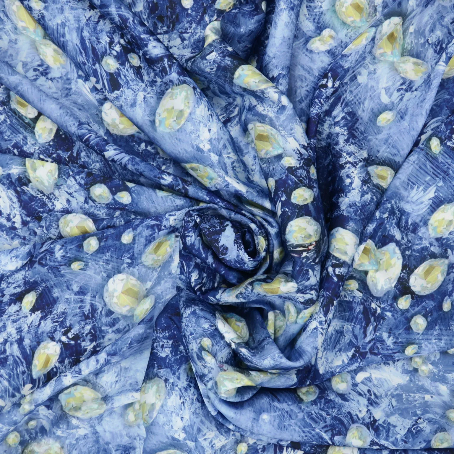 Blue and White Diamond Abstract Charmeuse Polyester Fabric