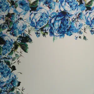 Blue Floral on White Printed Polyester Mikado Fabric