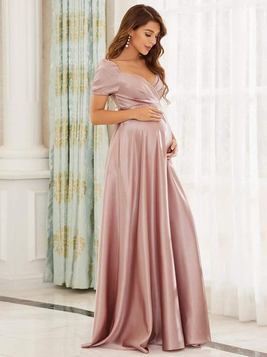 Elegant V-Neck Floor-Length Short Sleeve Bump Friendly Dresses