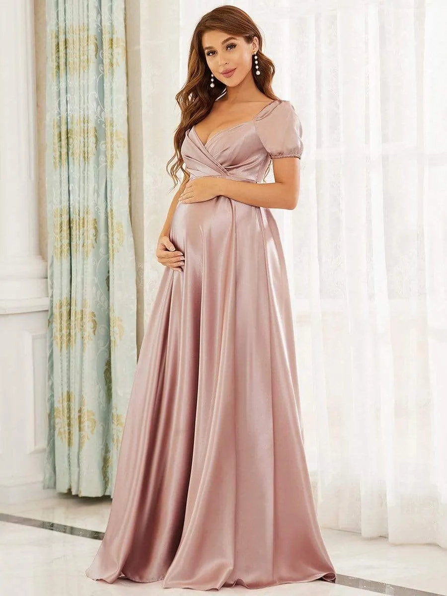 Elegant V-Neck Floor-Length Short Sleeve Bump Friendly Dresses