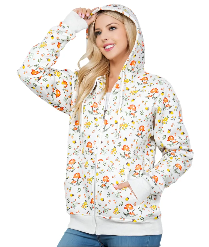 Floral and Mushroom Fleece Zipper Hoodie