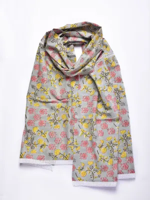 Grey Overall Floral Print Cotton Stole