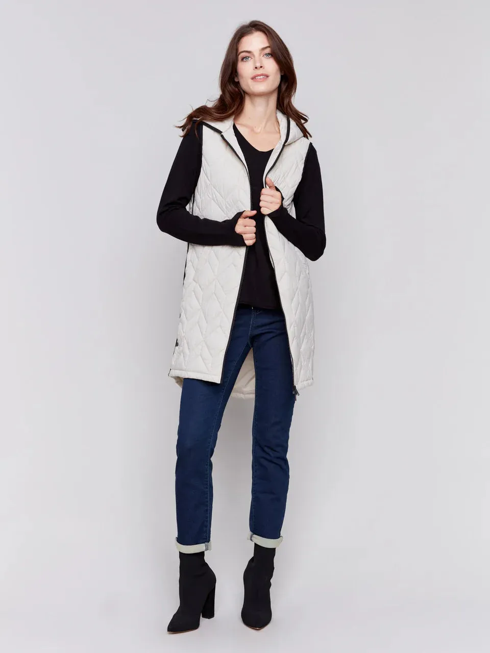 Long Quilted Puffer Vest - Almond