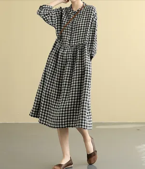 plaid  Summer  Linen Spring Women loose and comfortable Dresses DZA05094