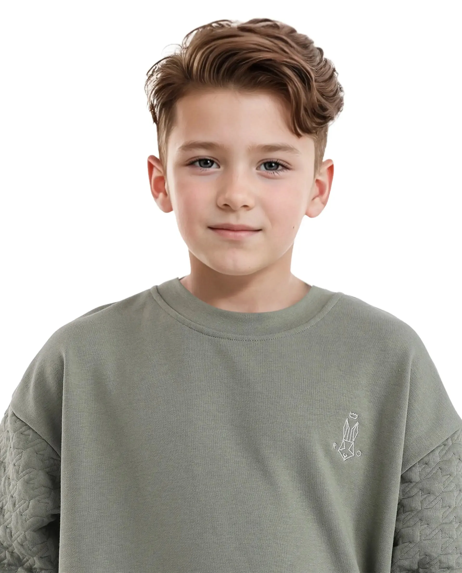 Rare Ones Kids Taron Dusky Green Cotton Poly Full Sleeve Embroidered Sweatshirt