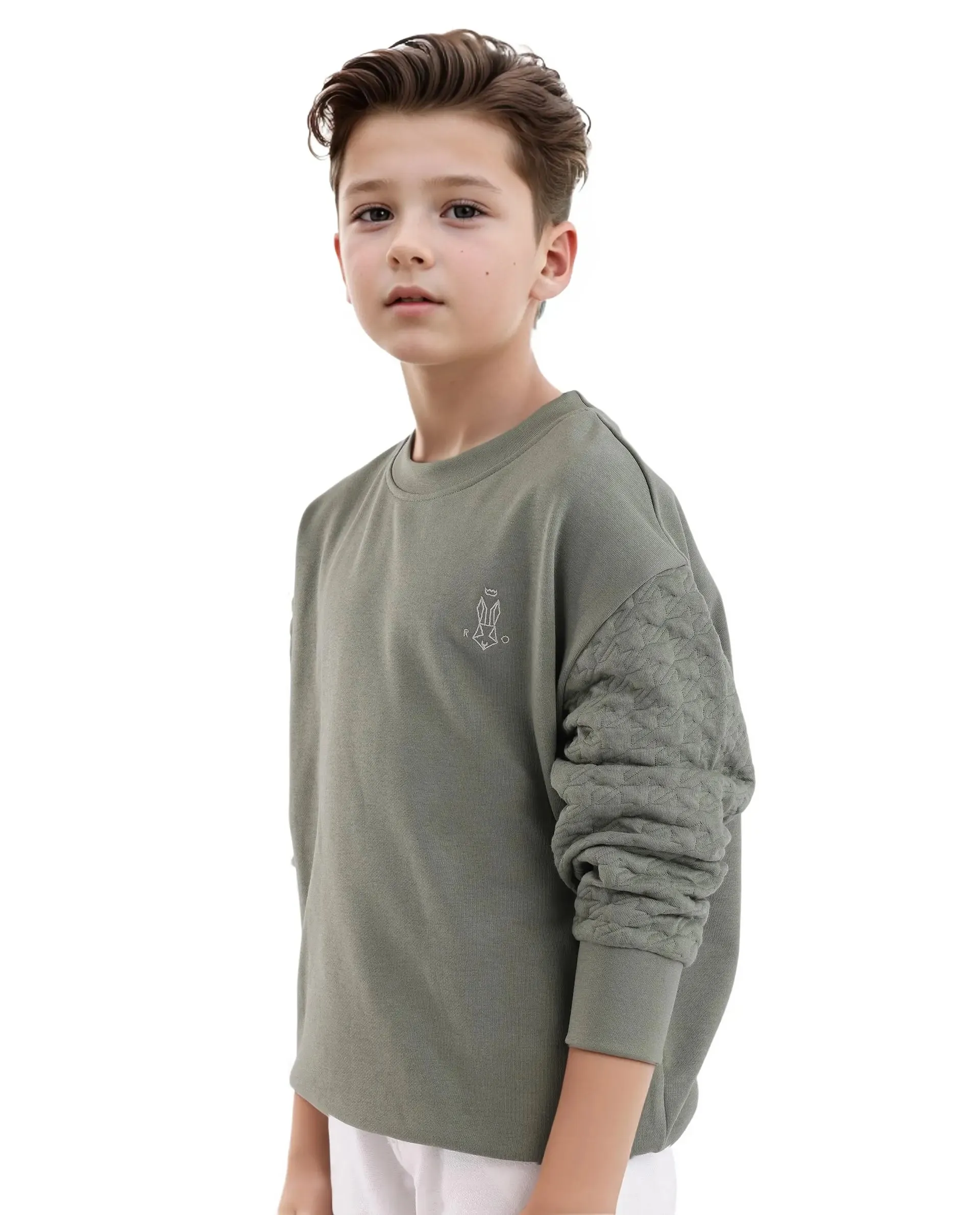 Rare Ones Kids Taron Dusky Green Cotton Poly Full Sleeve Embroidered Sweatshirt