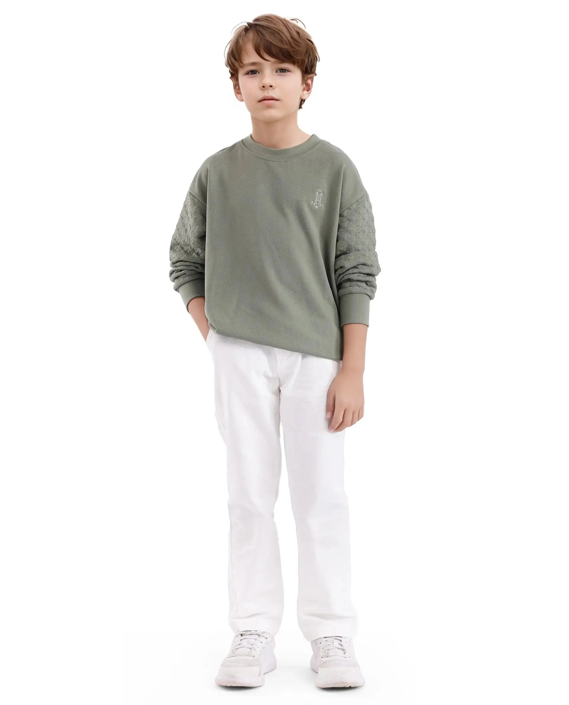 Rare Ones Kids Taron Dusky Green Cotton Poly Full Sleeve Embroidered Sweatshirt