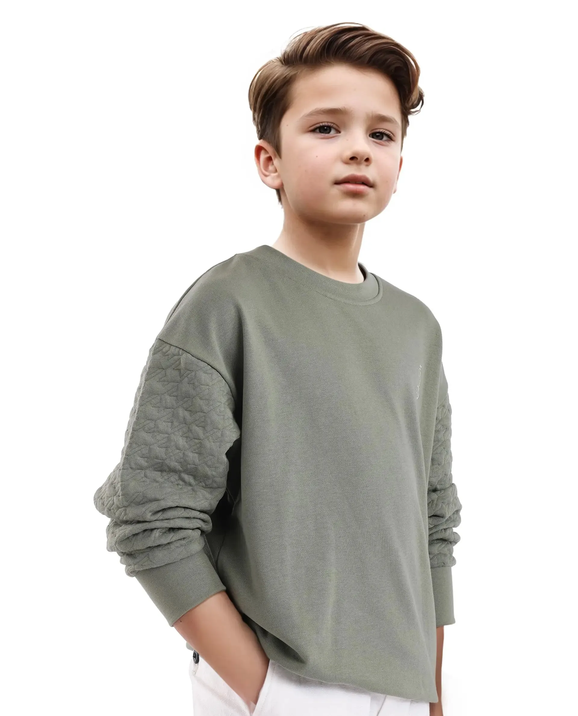 Rare Ones Kids Taron Dusky Green Cotton Poly Full Sleeve Embroidered Sweatshirt