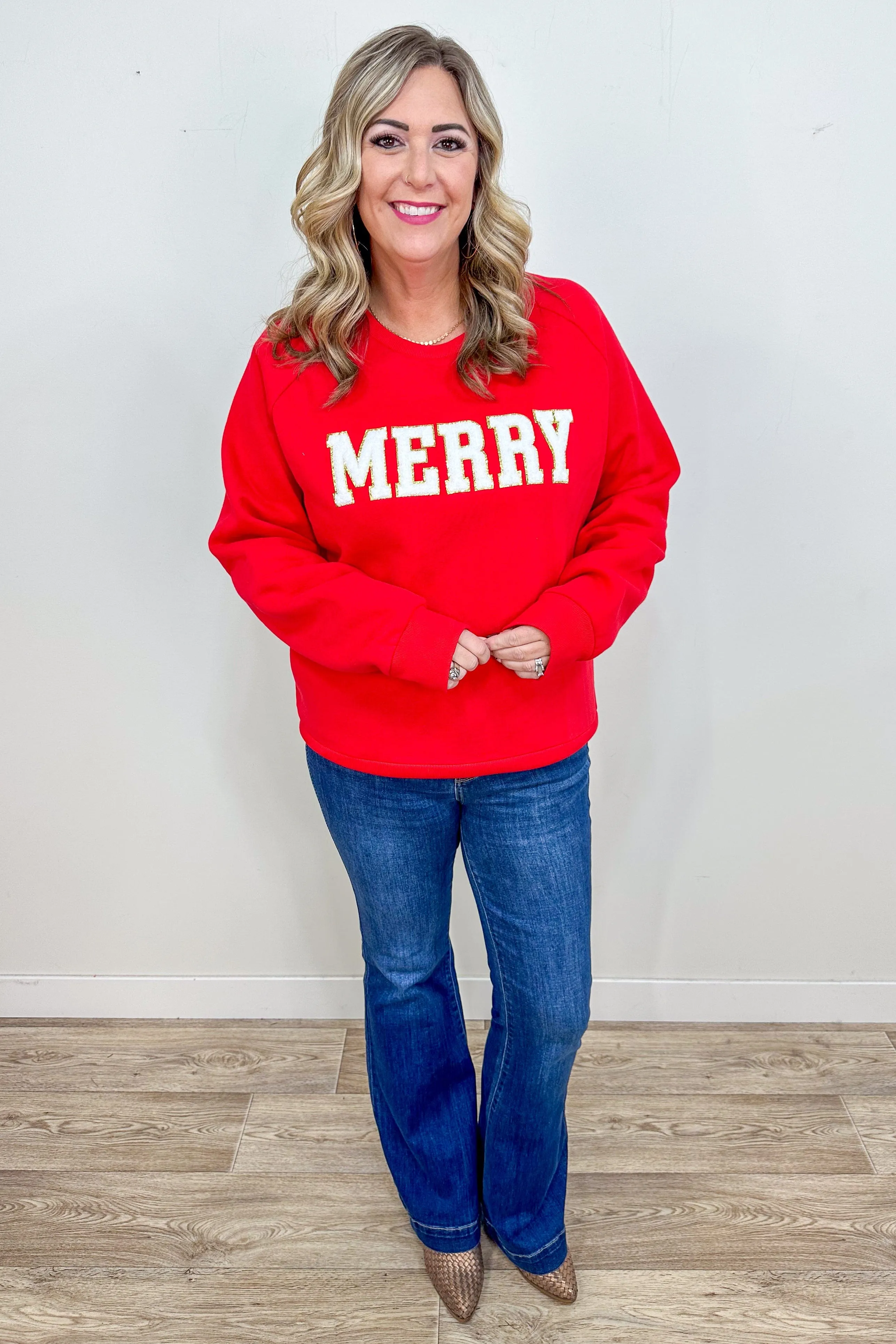 Red Merry Chenille Letter Sweatshirt