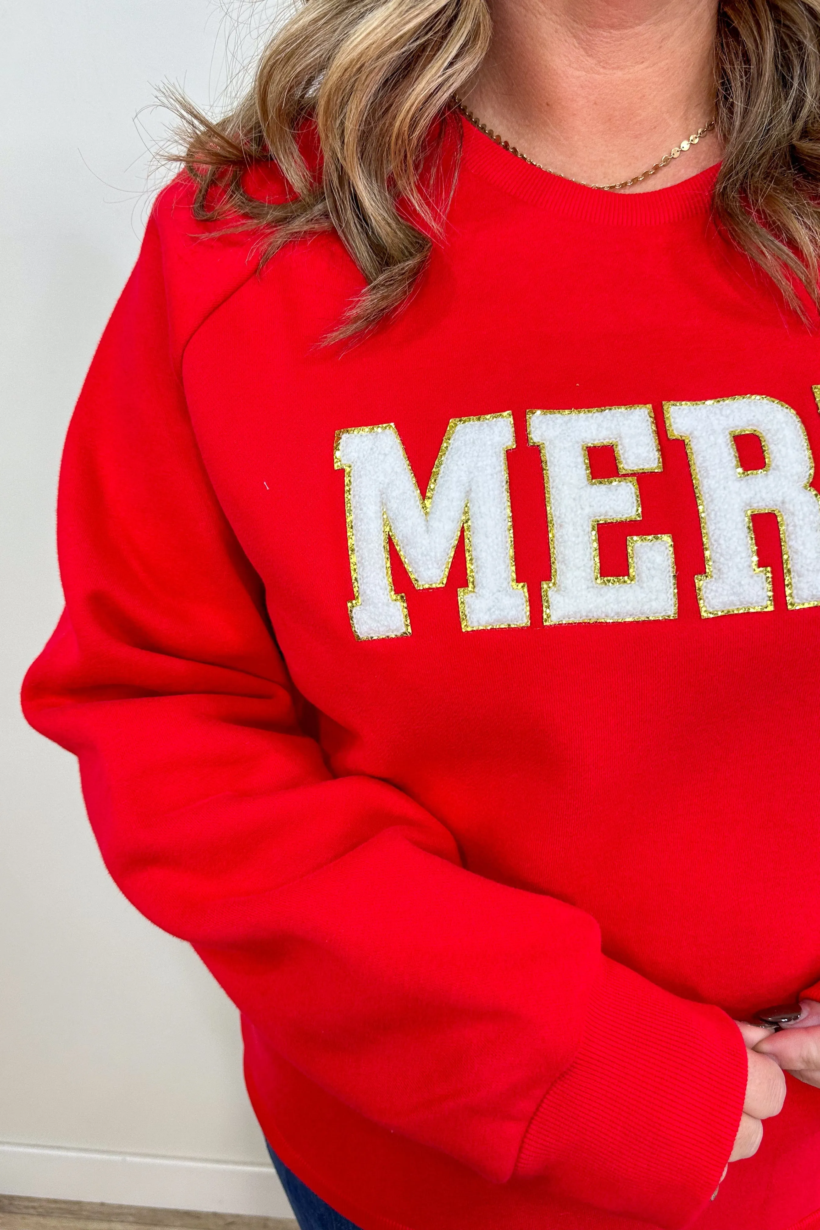 Red Merry Chenille Letter Sweatshirt