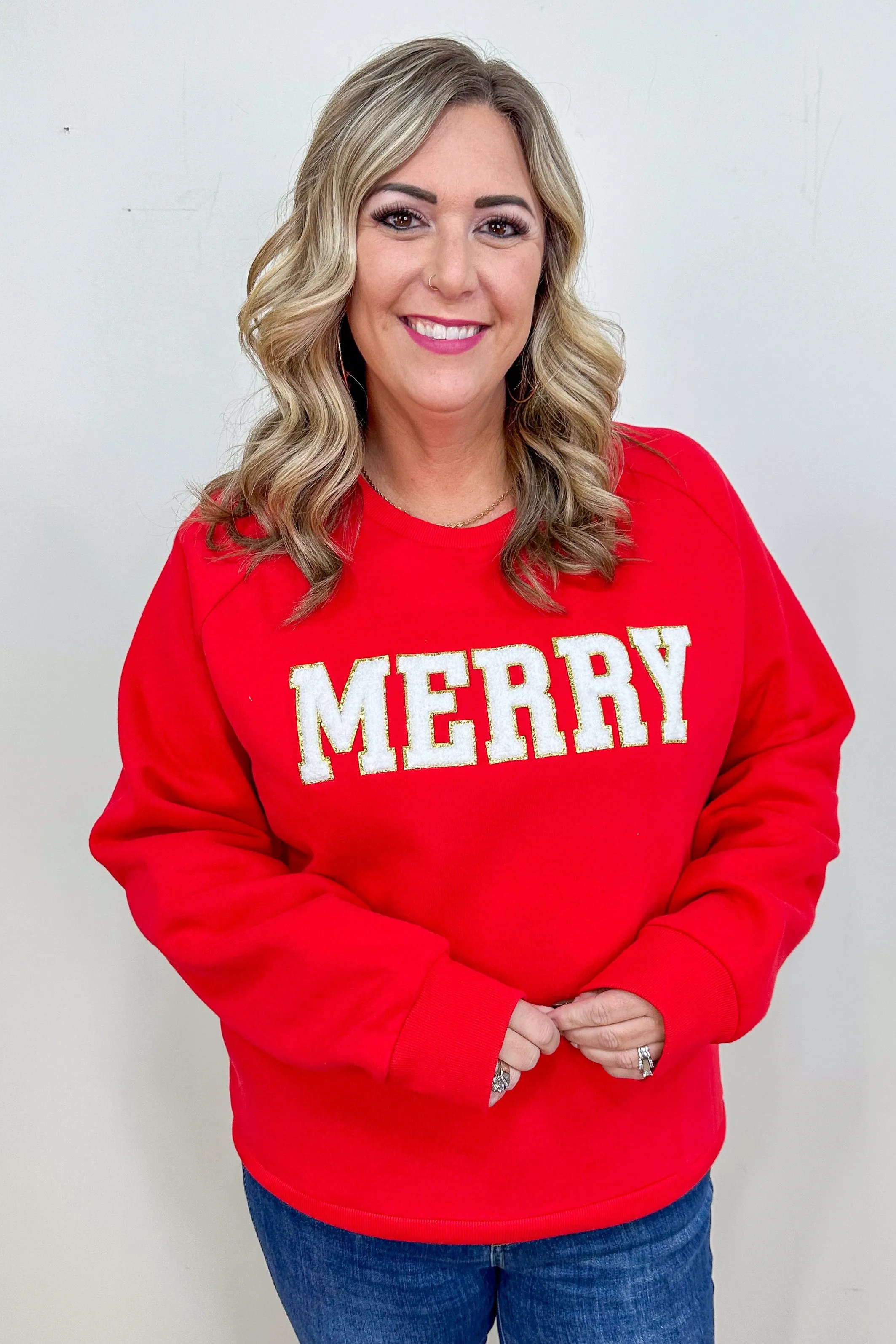 Red Merry Chenille Letter Sweatshirt