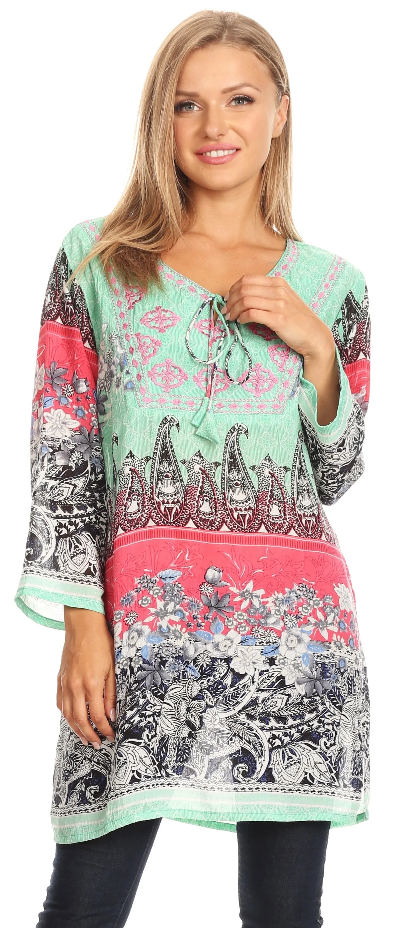 Sakkas Caterina Boho Lightweight Casual Embroidered Floral Tunic  / Blouse Top