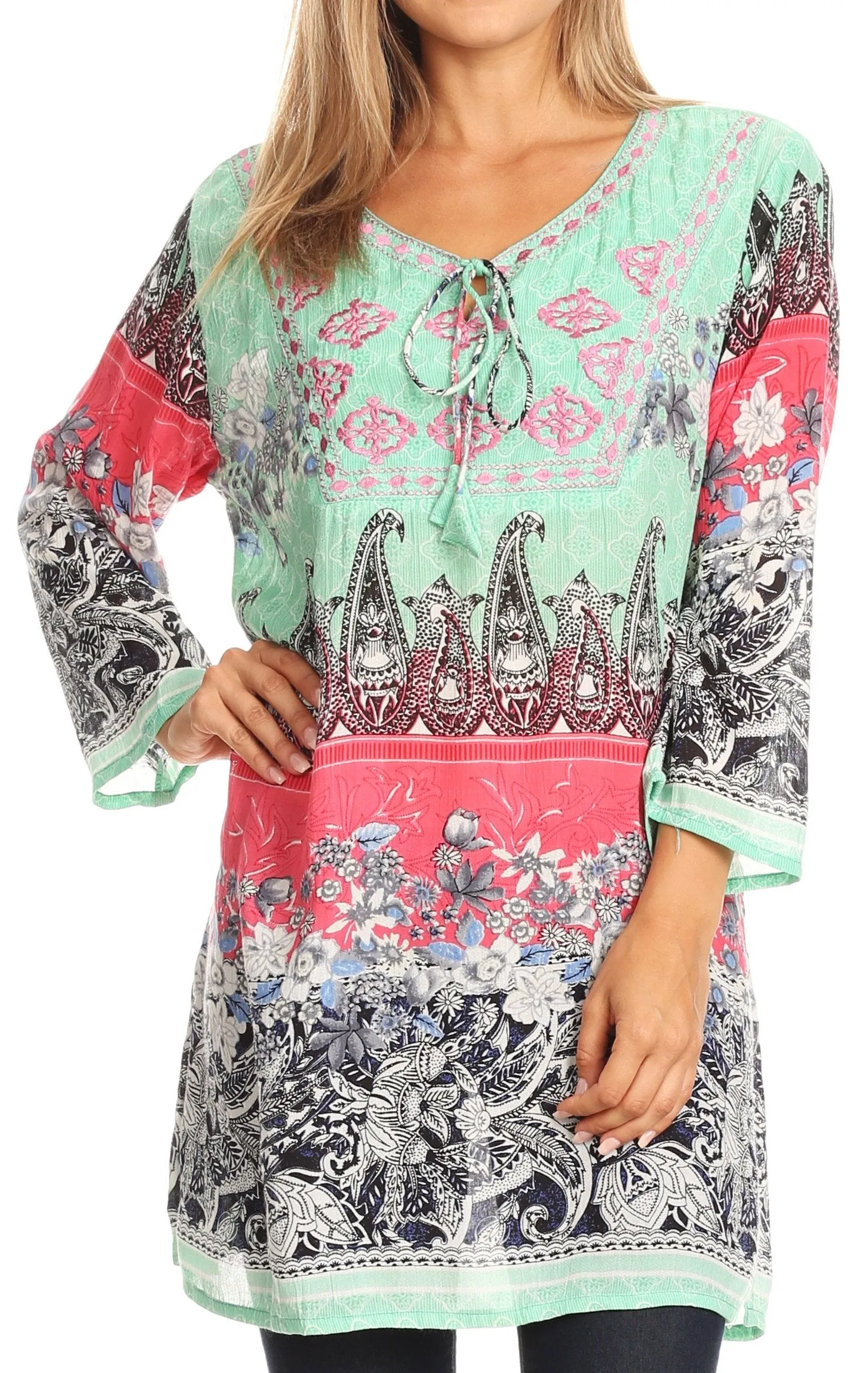 Sakkas Caterina Boho Lightweight Casual Embroidered Floral Tunic  / Blouse Top