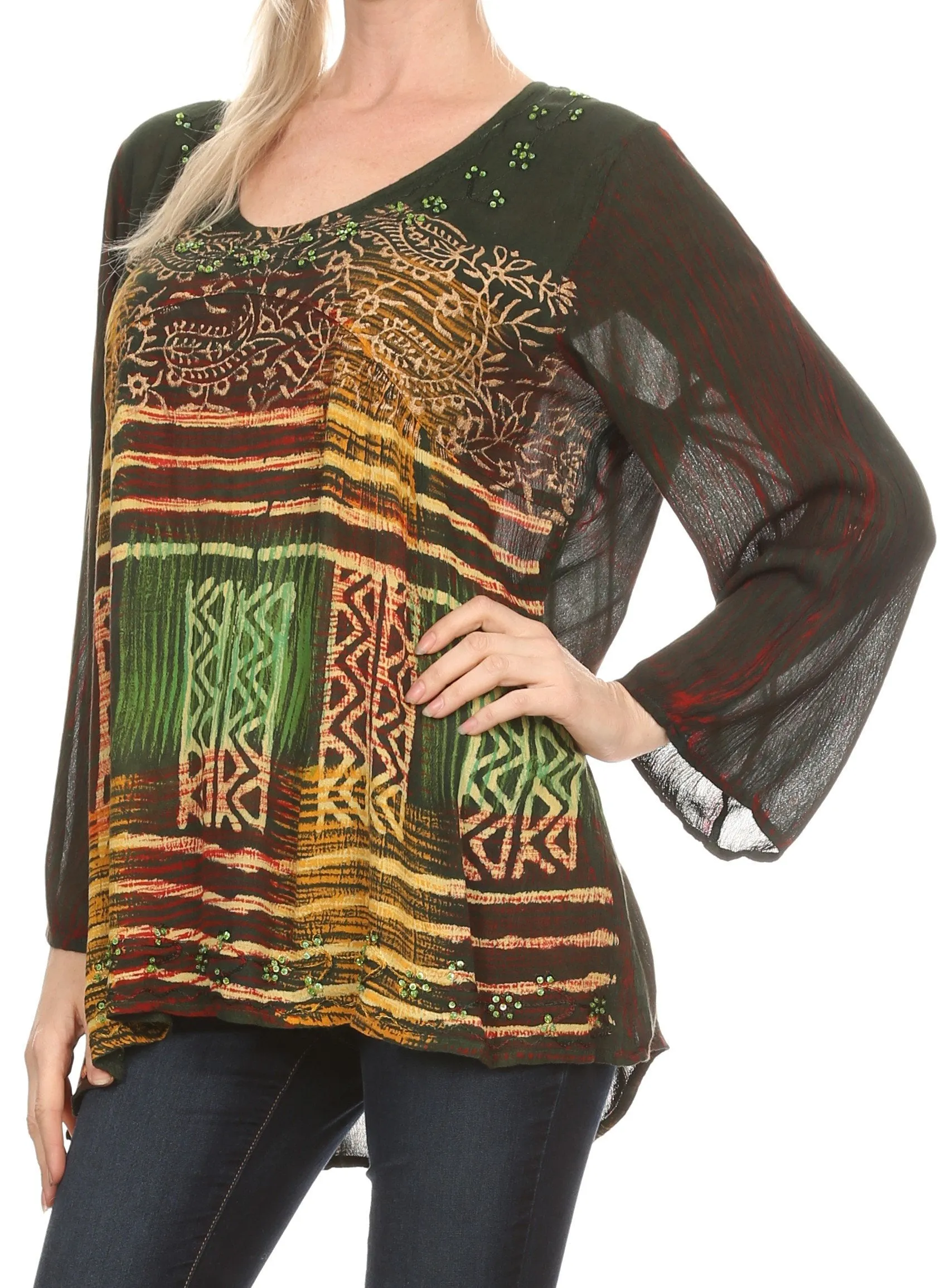 Sakkas Franchesca Sequine Embroidered Aztec Print Long Sleeve Blouse Shirt Top