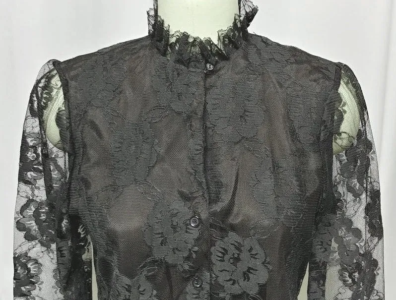 *SOPHISTICATED FANCY VINTAGE '60s JUDY BOND FANCY BLACK FLORAL LACE BLOUSE