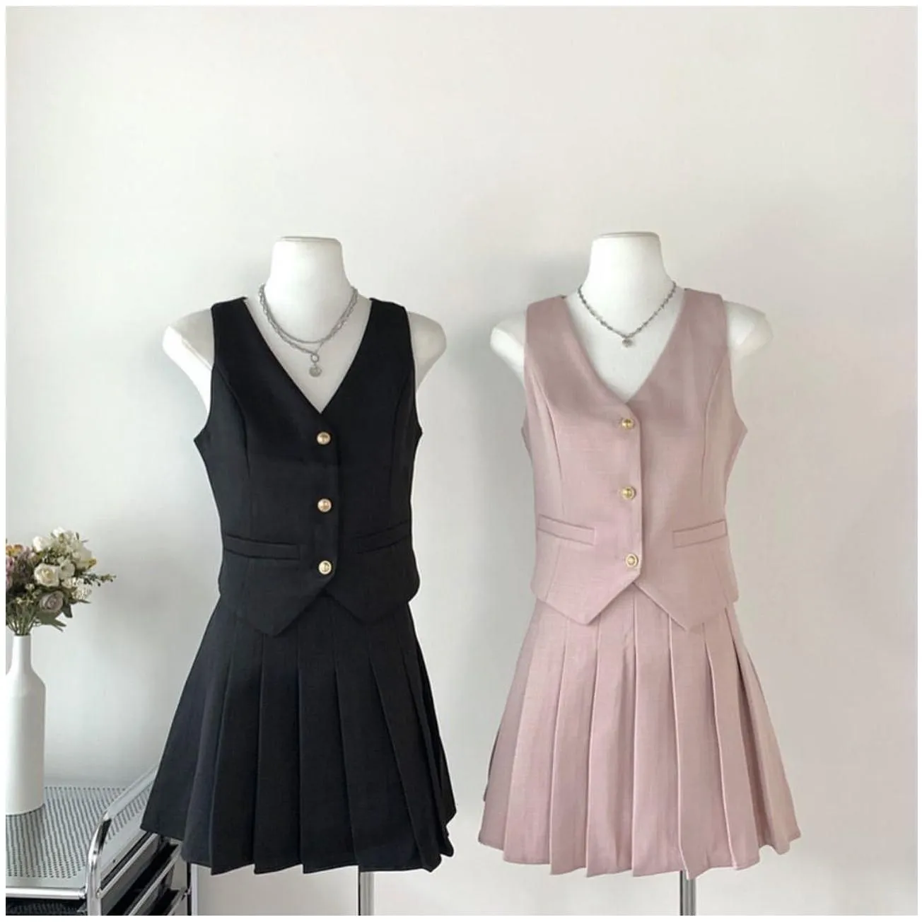 Suit Vest and pleated Mini Skirt Set