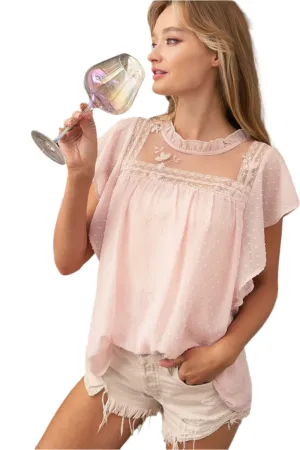 TEEK - Blush Swiss Dot Lace Short Sleeve Blouse