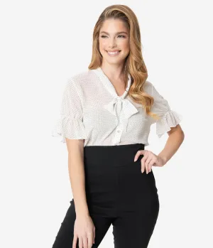 White & Black Micro Dot Button Up Short Sleeve Blouse