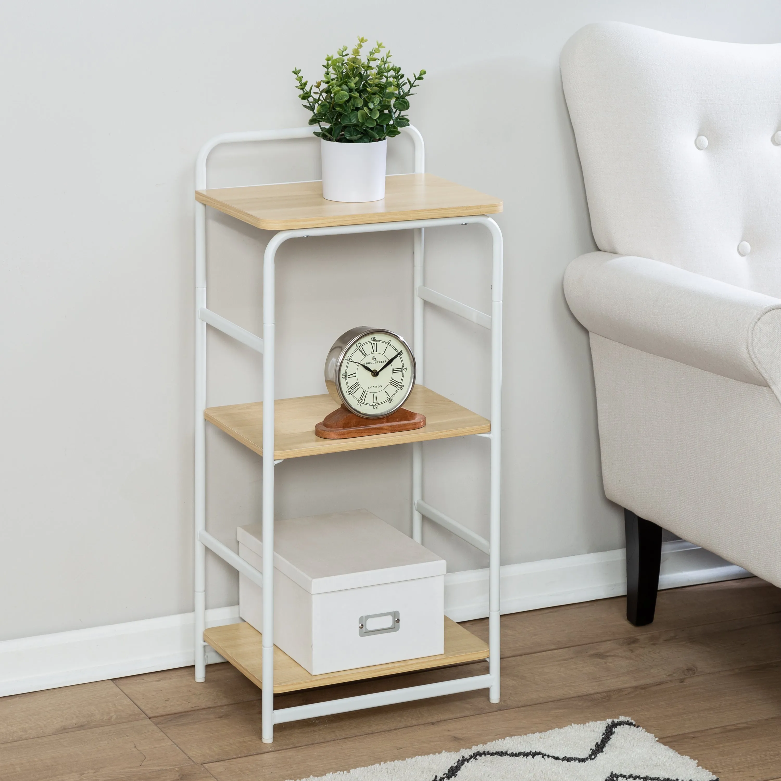 White/Natural 3-Tier Small Wood and Metal Shelf