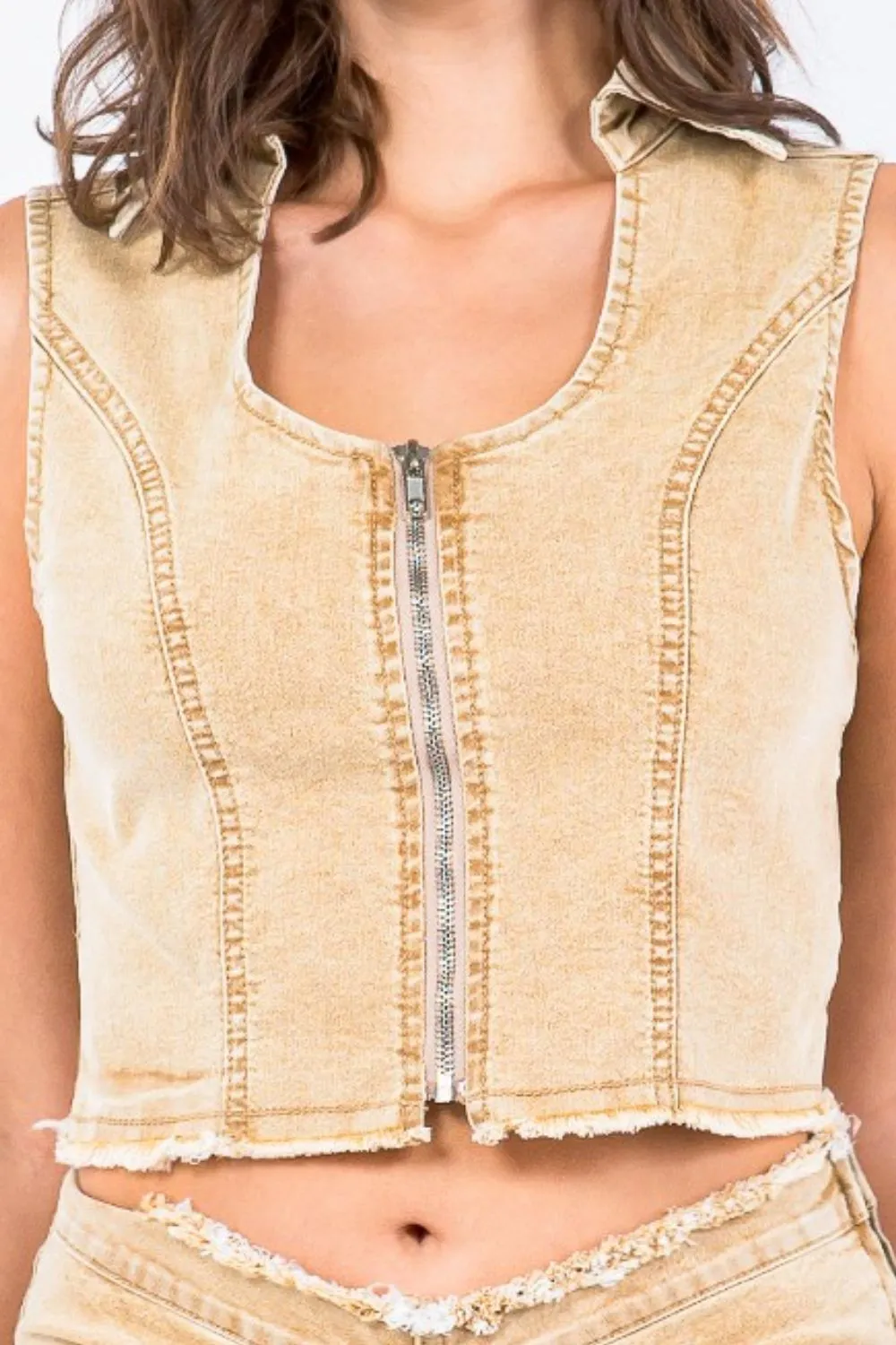 Zip Up Washed Crop Denim Vest